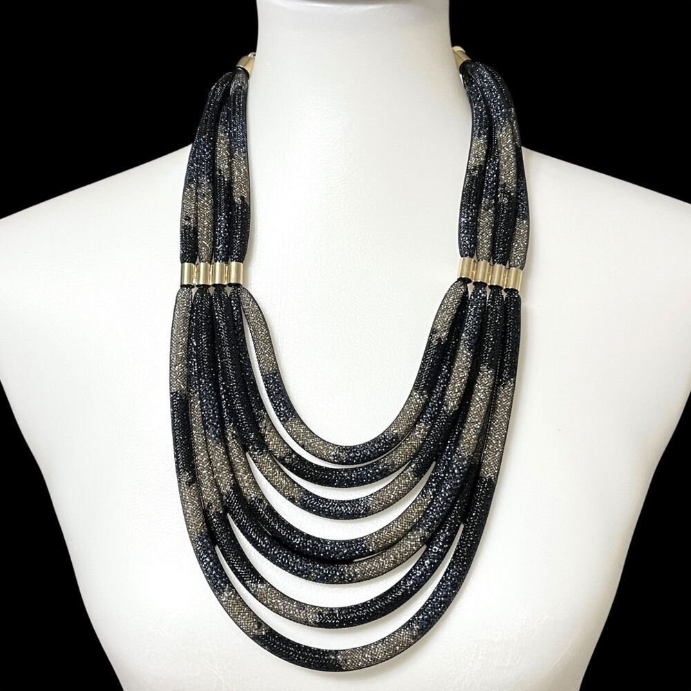 Chicos Chunky Statement Necklace Gold Tone Black Blue Mesh Tube Tiered Layered